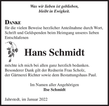 Traueranzeige von Hans Schmidt  von Magdeburger Volksstimme