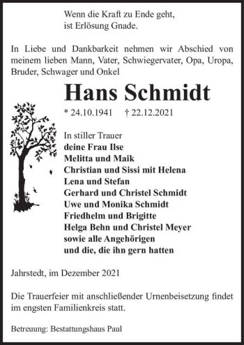 Traueranzeige von Hans Schmidt  von Magdeburger Volksstimme