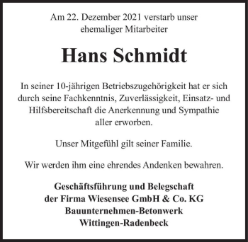 Traueranzeige von Hans Schmidt  von Magdeburger Volksstimme