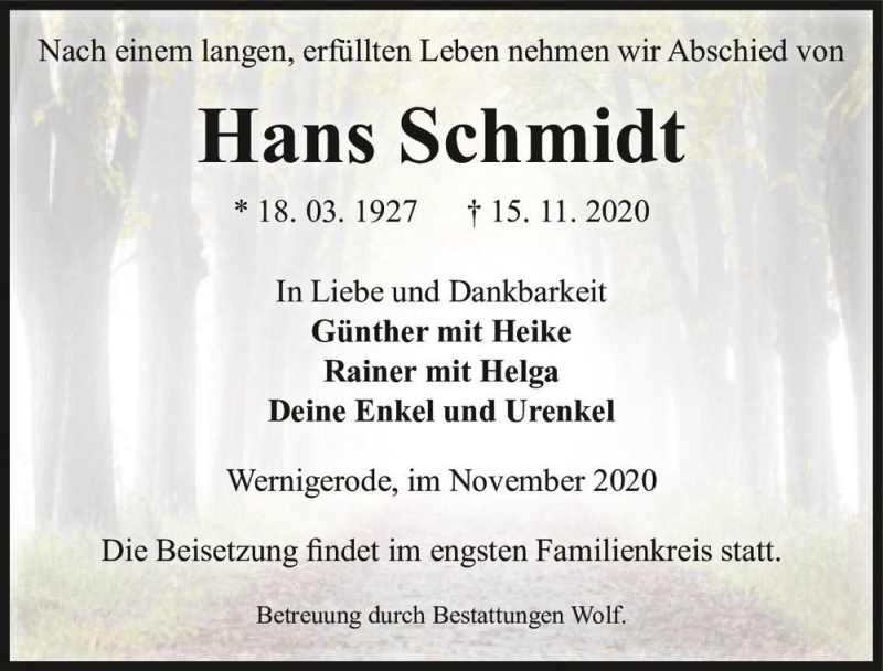  Traueranzeige für Hans Schmidt  vom 21.11.2020 aus Magdeburger Volksstimme