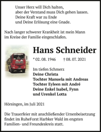 Traueranzeige von Hans Schneider  von Magdeburger Volksstimme