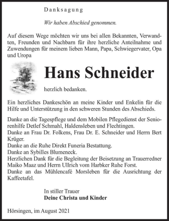 Traueranzeige von Hans Schneider  von Magdeburger Volksstimme