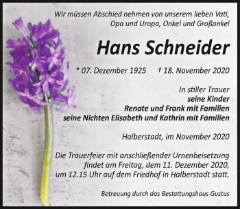 Traueranzeige von Hans Schneider  von Magdeburger Volksstimme