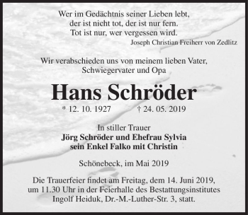 Traueranzeige von Hans Schröder  von Magdeburger Volksstimme