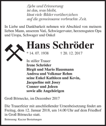 Traueranzeige von Hans Schröder  von Magdeburger Volksstimme