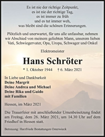 Traueranzeige von Hans Schröter  von Magdeburger Volksstimme