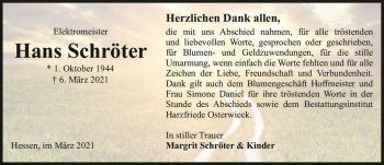 Traueranzeige von Hans Schröter  von Magdeburger Volksstimme