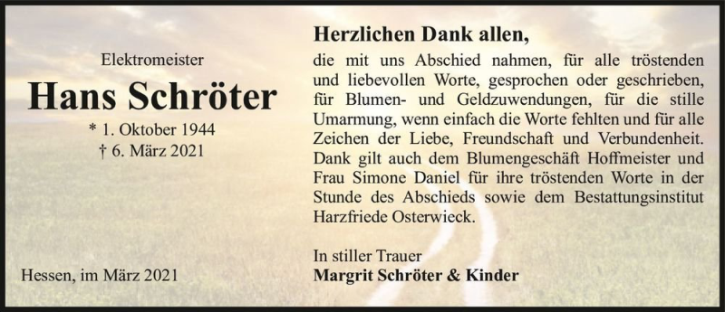  Traueranzeige für Hans Schröter  vom 03.04.2021 aus Magdeburger Volksstimme