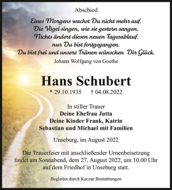Traueranzeige von Hans Schubert  von Magdeburger Volksstimme
