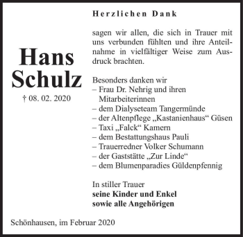 Traueranzeige von Hans Schulz  von Magdeburger Volksstimme