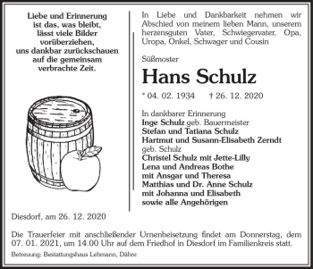 Traueranzeige von Hans Schulz  von Magdeburger Volksstimme