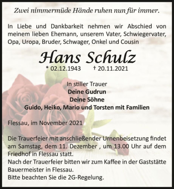 Traueranzeige von Hans Schulz  von Magdeburger Volksstimme