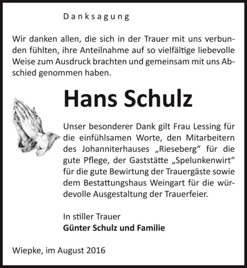  Traueranzeige für Hans Schulz  vom 19.08.2016 aus Magdeburger Volksstimme