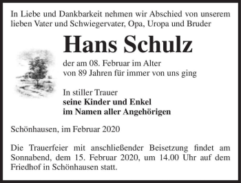 Traueranzeige von Hans Schulz  von Magdeburger Volksstimme