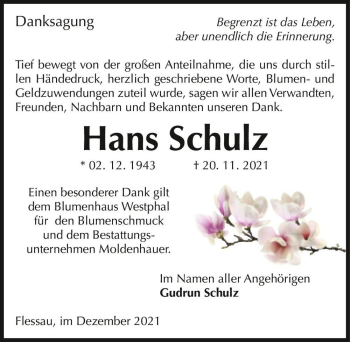 Traueranzeige von Hans Schulz  von Magdeburger Volksstimme