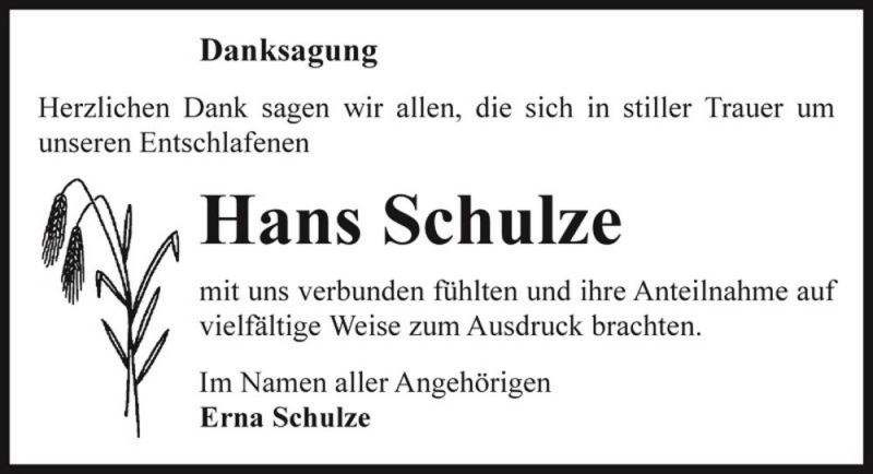  Traueranzeige für Hans Schulze  vom 28.05.2016 aus Magdeburger Volksstimme