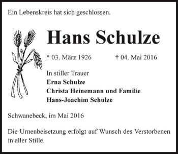 Traueranzeige von Hans Schulze  von Magdeburger Volksstimme