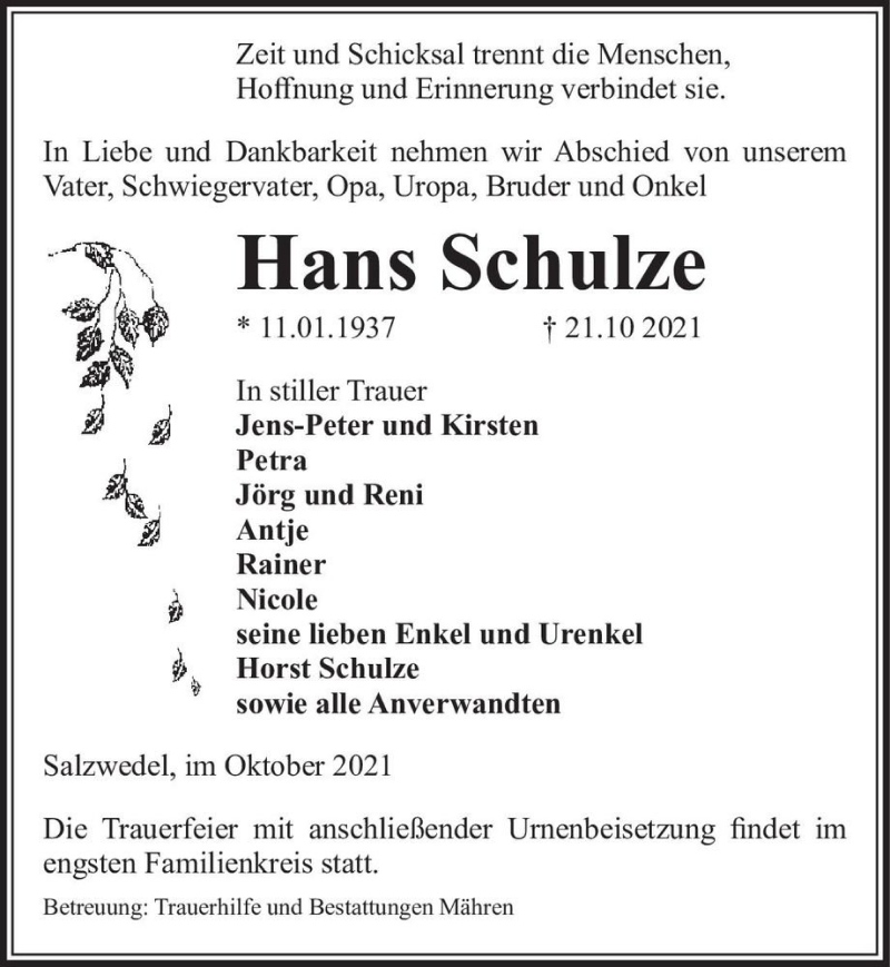 Traueranzeige für Hans Schulze  vom 29.10.2021 aus Magdeburger Volksstimme