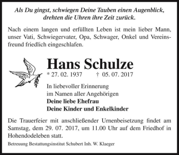 Traueranzeige von Hans Schulze  von Magdeburger Volksstimme