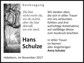 Traueranzeige von Hans Schulze  von Magdeburger Volksstimme