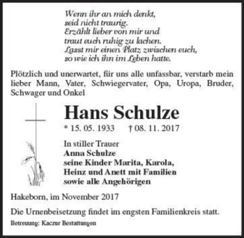 Traueranzeige von Hans Schulze  von Magdeburger Volksstimme