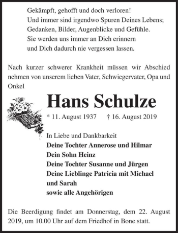 Traueranzeige von Hans Schulze  von Magdeburger Volksstimme