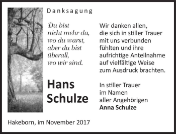 Traueranzeige von Hans Schulze  von Magdeburger Volksstimme
