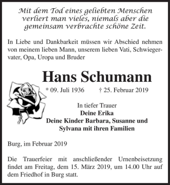 Traueranzeige von Hans Schumann  von Magdeburger Volksstimme