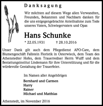 Traueranzeige von Hans Schunke  von Magdeburger Volksstimme