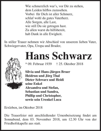 Traueranzeige von Hans Schwarz  von Magdeburger Volksstimme
