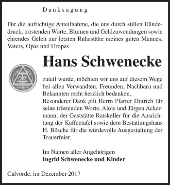 Traueranzeige von Hans Schwenecke  von Magdeburger Volksstimme