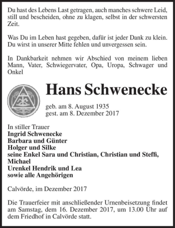 Traueranzeige von Hans Schwenecke  von Magdeburger Volksstimme