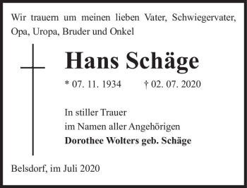 Traueranzeige von Hans Schäge  von Magdeburger Volksstimme