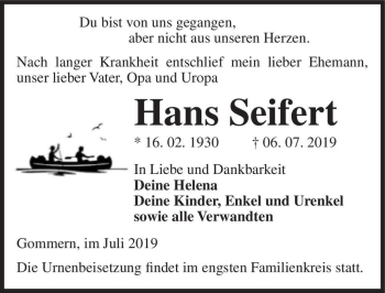 Traueranzeige von Hans Seifert  von Magdeburger Volksstimme