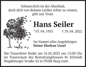 Traueranzeige von Hans Seiler  von Magdeburger Volksstimme