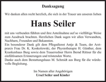Traueranzeige von Hans Seiler  von Magdeburger Volksstimme
