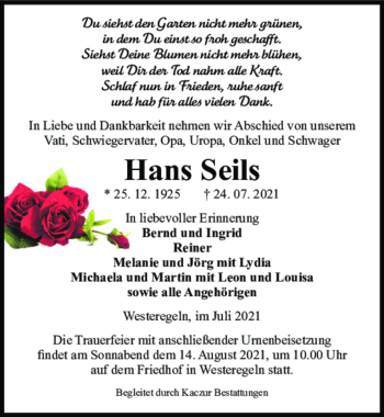 Traueranzeige von Hans Seils  von Magdeburger Volksstimme