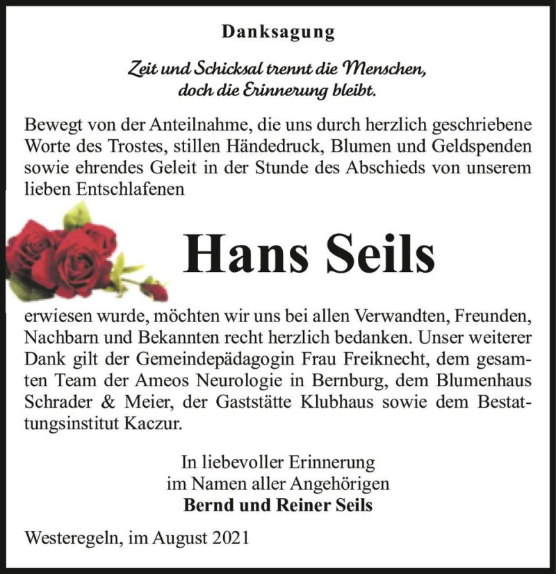  Traueranzeige für Hans Seils  vom 21.08.2021 aus Magdeburger Volksstimme