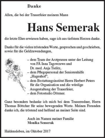 Traueranzeige von Hans Semerak  von Magdeburger Volksstimme