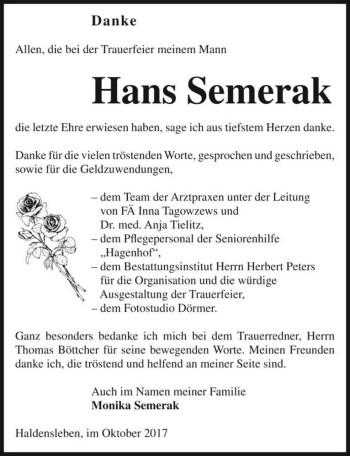 Traueranzeige von Hans Semerak  von Magdeburger Volksstimme