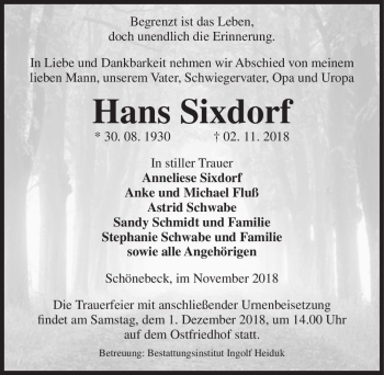 Traueranzeige von Hans Sixdorf  von Magdeburger Volksstimme