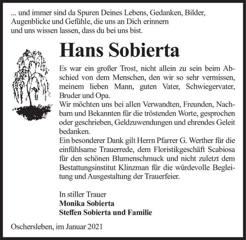  Traueranzeige für Hans Sobierta  vom 30.01.2021 aus Magdeburger Volksstimme