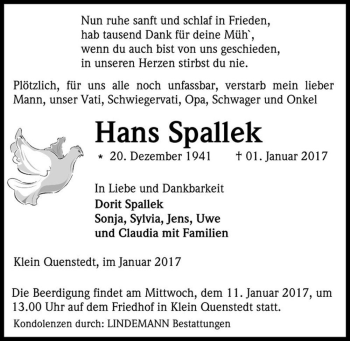 Traueranzeige von Hans Spallek  von Magdeburger Volksstimme
