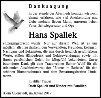 Traueranzeige von Hans Spallek  von Magdeburger Volksstimme