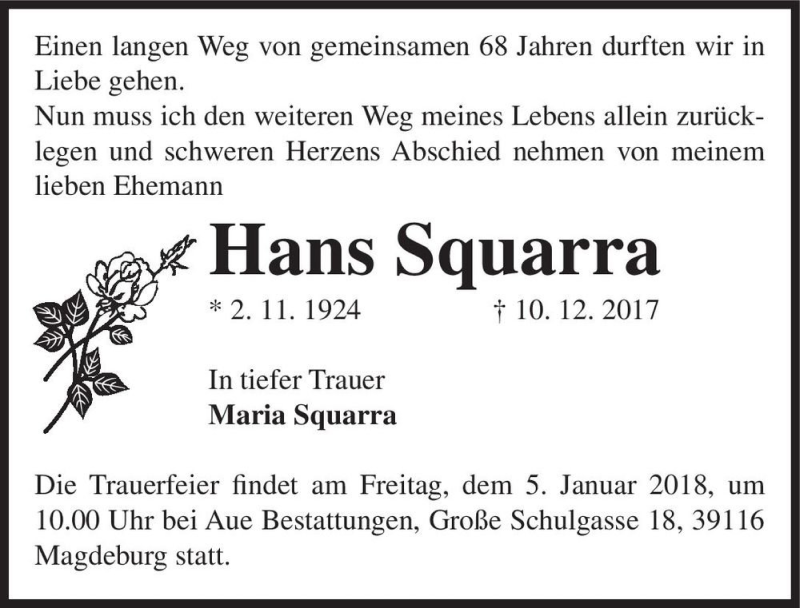  Traueranzeige für Hans Squarra  vom 23.12.2017 aus Magdeburger Volksstimme