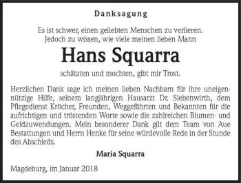 Traueranzeige von Hans Squarra  von Magdeburger Volksstimme