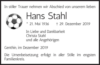 Traueranzeige von Hans Stahl  von Magdeburger Volksstimme