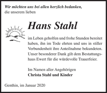Traueranzeige von Hans Stahl  von Magdeburger Volksstimme