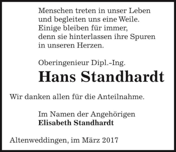 Traueranzeige von Hans Standhardt  von Magdeburger Volksstimme