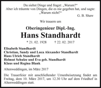 Traueranzeige von Hans Standhardt  von Magdeburger Volksstimme